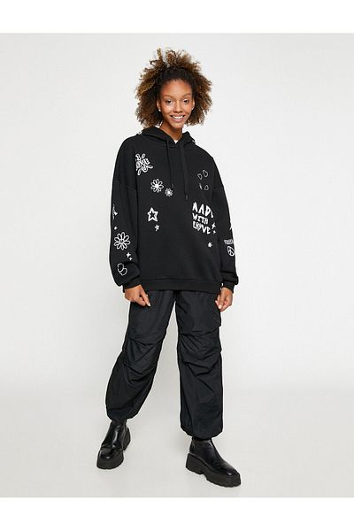 Koton Hooded Sweatshirt Printed Long Sleeve Comfortable Cut With Fleece Inside