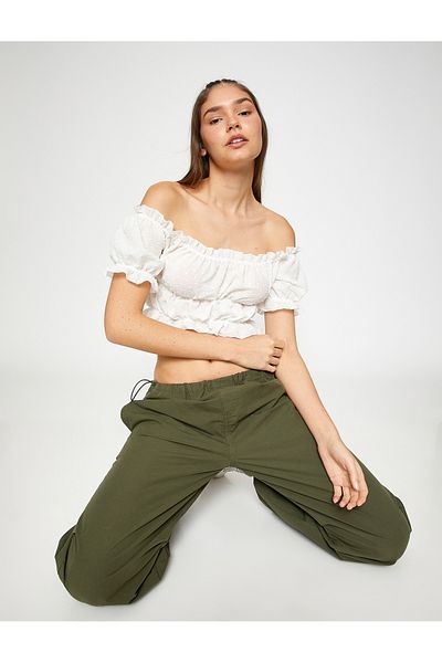 Koton Madonna Collar Blouse Crop Off the Shoulder Ruffles Short Sleeve Textured
