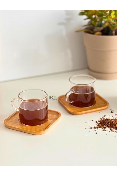 ECO KİTCHEN 2-Piece Glass Coffee Cup with Bamboo Plate,Borosilicate,Turkish Coffee Cup