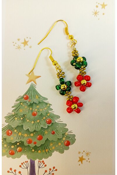 Crystal Atelier El Yapımı Noel Çiçeği Kokina Küpe – Yılbaşı Temalı Boncuklu Kırmızı Yeşil Hediyelik Küpe