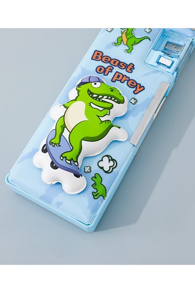 Fab N Funky Dino Theme Pencil Box, In-Built Sharpener, 5 Pencil Holder, 15 x 6 x 3 cm, 5 Years+ - Blue