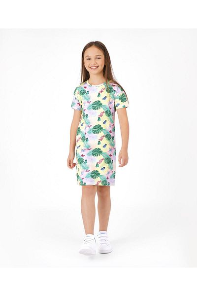 Primo Gino Primo Gino Cotton Elastane Short Sleeves Digital Leaf Printed Dress - Pink