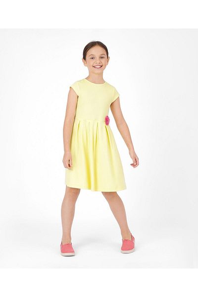 Primo Gino Primo Gino Cap Sleeve 2x2 Rib Fit&Flare Dress 3D Sequins Flower Badge in Softer Cotton -Light Yellow