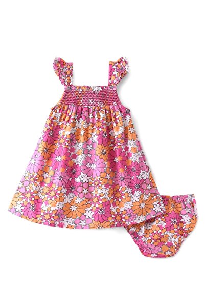 Babyhug Babyhug Poplin Frill Sleeves Frock With Bloomer Floral Print & Smocki...
