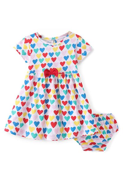 Babyhug Babyhug Cotton Jersey Knit Half Sleeves Heart Printed Frock with Bloomer - White