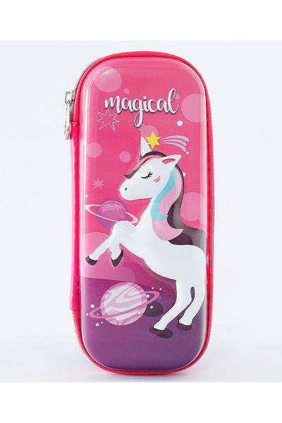 Fab N Funky Magical Unicorn Pencil Case - Shockproof Red EVA with Sturdy Zipper,  Pen Holder for Kids 3+