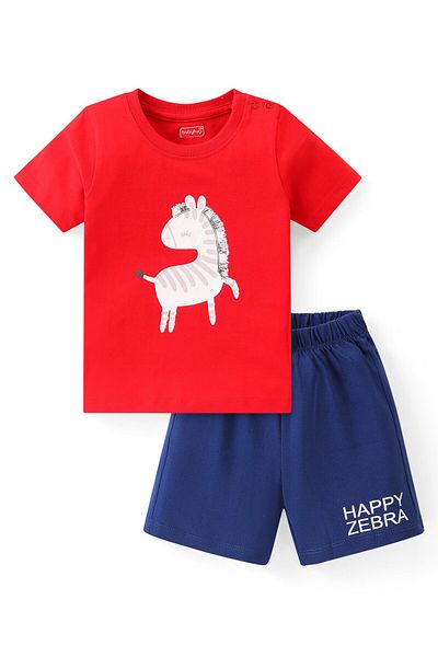 Babyhug Single Jersey Half Sleeves Night Suit Zebra Print - Red & Navy Blue