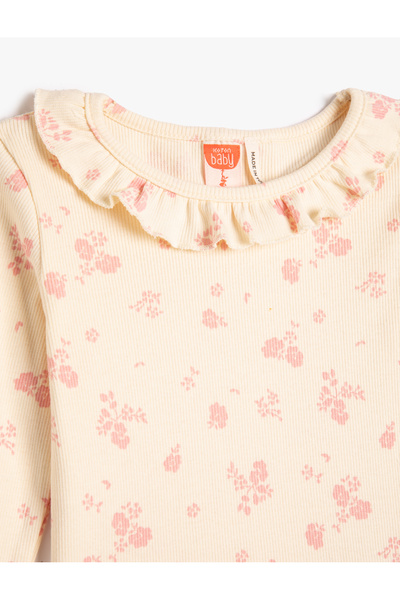 Koton Květinové tričko s kulatým výstřihem volán s dlouhým rukávem bavlněná košilka