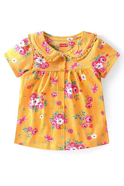 Babyhug Single Jersey Cotton Knit Half Sleeves Night Suit/Co-ord Set Floral Print - Orange