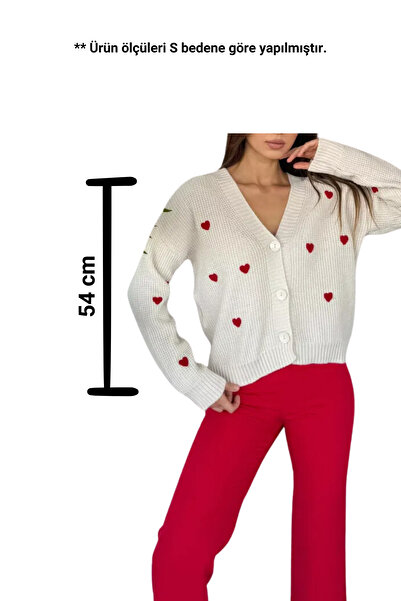 GÜLSELİ Heart Embroidered Red Knitwear Cardigan