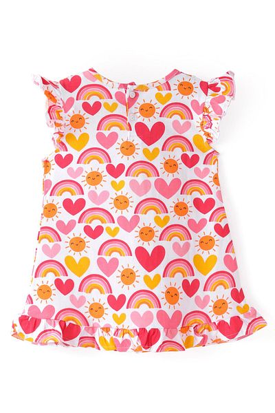 Babyhug Cotton Knit Frill Sleeves Nighty Heart and Sun Print - Multicolor