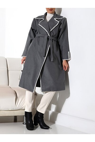 MissRunin Пастуший шов, пояс на талії, кашеміровий пальто - сірий
