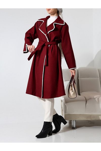 Modamorfo Burgundy Stamp Coat - Shepherd's Stitching, Waist Tie