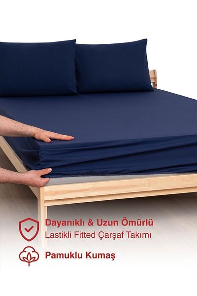 MODELHOME Navy Blue Colored Fitted Sheet Set (Cotton Duvet Cover Fabric, Pillow Case) 7 Different Sizes