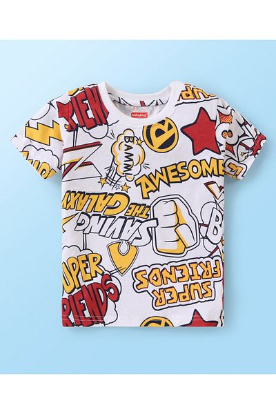 Babyhug Single Jersey Knit Half Sleeves Night Suit/Co-ord Set All Over Printed Texts - White