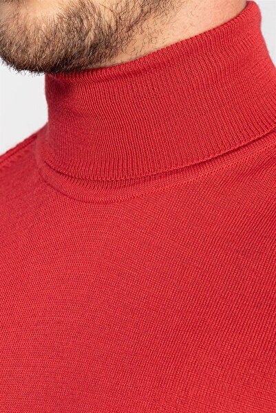 Tudors Erkek Slim Fit Dar Kesim Tam Balıkçı Yaka Düz Kırmızı Triko Kazak