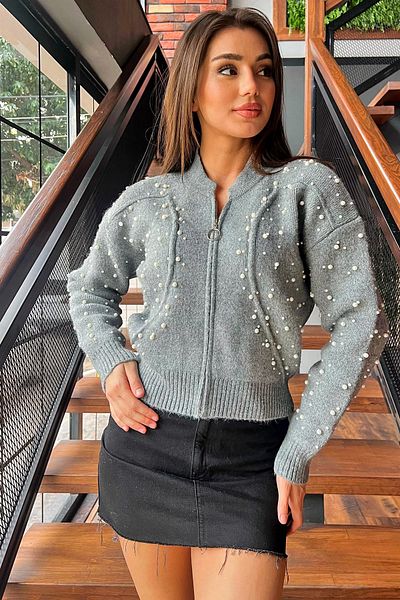 GÜLSELİ Gray Modern Design Pearl Printed Zippered Women's Jacket Cardigan