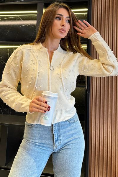 GÜLSELİ Cream Modern Design Pearl Printed Zippered Women's Jacket Cardigan