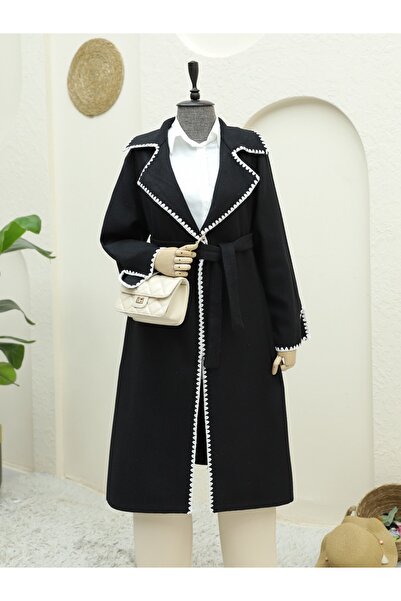 Modamorfo Shepherd's Stitching Waist Strap Coat - Black