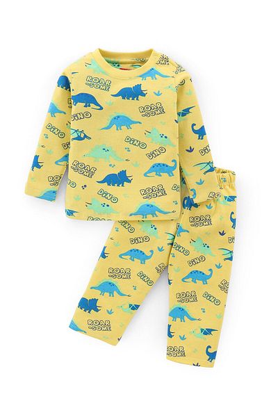 Babyhug Cotton Knit Full Sleeves Night Suit Dino Print - Yellow