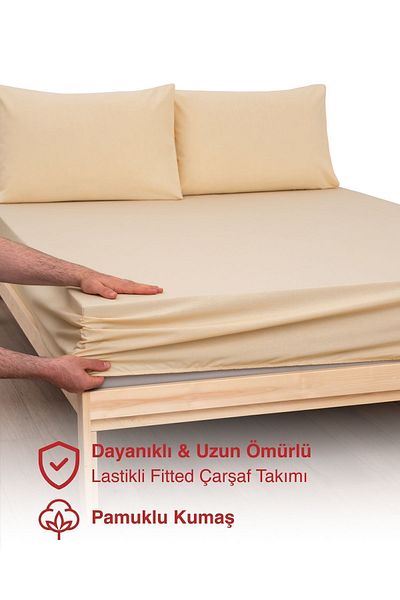 MODELHOME Ranforce Beige Elastic Oversized Fitted Sheet Set - Single/Double
