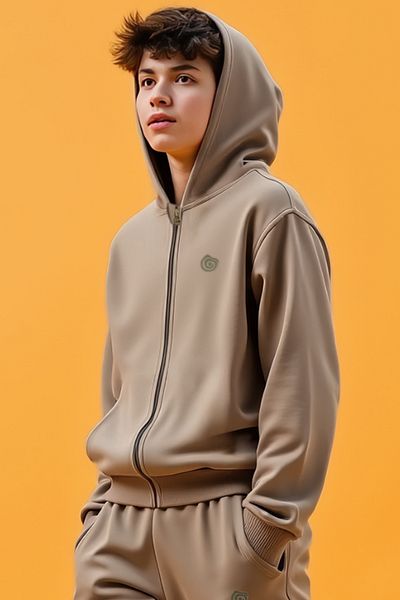 minojoy Harves Olive Gray Cotton Zippered Boys' Sweatshirt