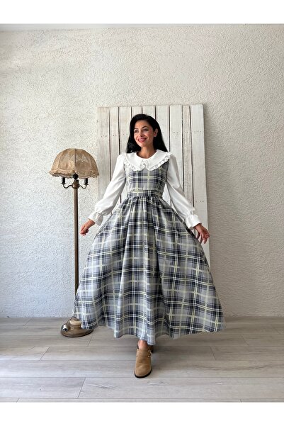 KÜÇÜĞÜM BUTİK Μακρύ γκρι-ανθρακί καρό φόρεμα Gilet