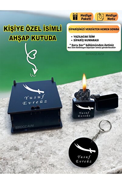 birdoz avm Kişiye Özel Isimli Zülfikar Tasarım Siyah Benzinli Çakmak Ve Anaht...