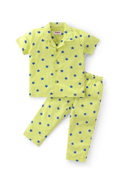 Babyhug طقم نوم من القطن المحبوك بأكمام نصفية ورقبة دائرية وطبعة نجوم - أخضر
