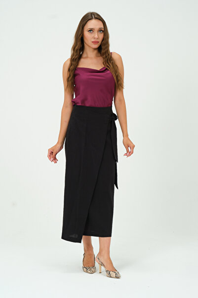 Bolivente Fusta midi lungă de in pentru damă - Detaliu cravată în talie