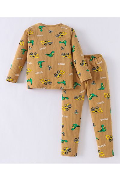 Babyhug SAPS Cotton Blend Dino All Over Printed Full Sleeves Pyjama/Co-ord Set - Light Brown