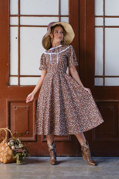 KÜÇÜĞÜM BUTİK Vintage φορητός γιακάς καφέ φλοράλ μπαλόνι μανίκι φόρεμα (ΦΟΡΕΜΑ-ΓΚΑΛΙ)