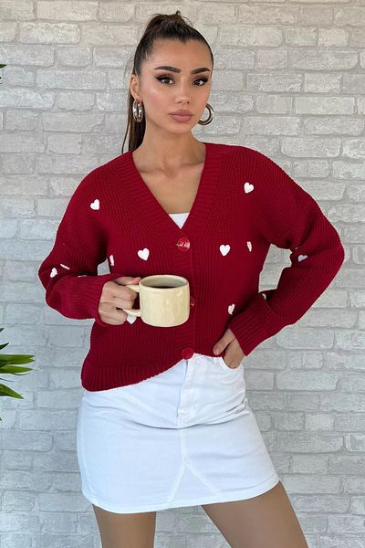 GÜLSELİ Heart Embroidered Red Knitwear Cardigan