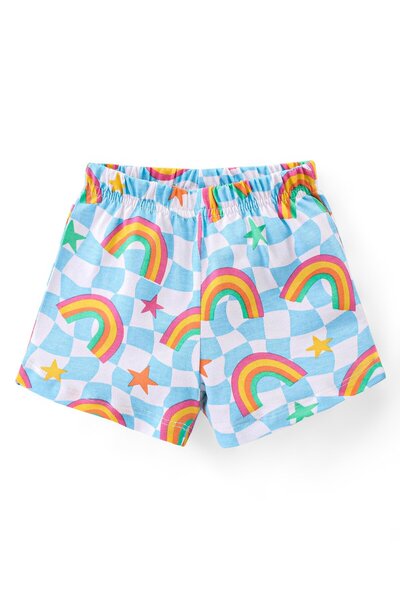 Babyhug Cotton Knit Single Jersey  Frill Sleeves Night Suit/Co-ord Set With Rainbow Print - Blue