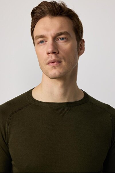 Tudors Erkek Slim Fit Dar Kesim Bisiklet Yaka Düz Yün Haki Triko Kazak