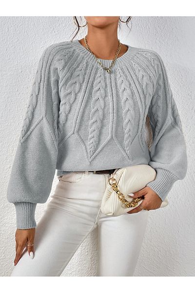 AQE FASHION Women's Hair Braided Crew Neck Italian Sleeve Knitwear Gray Sweater