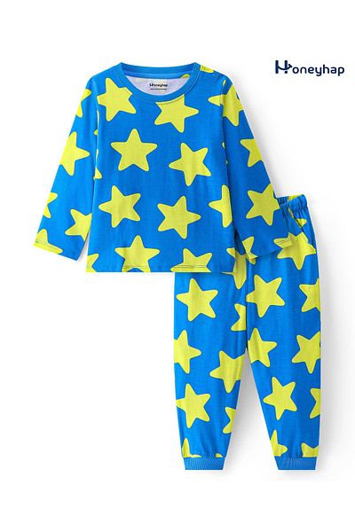 Honeyhap Premium 100% Cotton Full Sleeves Co-ord Pyjama Set With Stars Print - Blue/Yellow