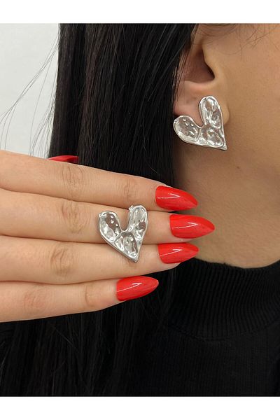 YASİN TOPÇU Steel Silver Silver Color Heart Earrings