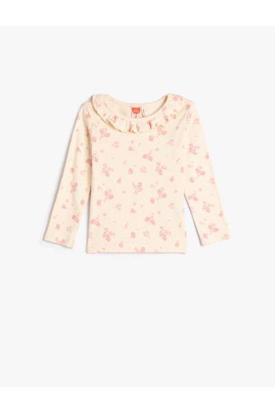 Koton Květinové tričko s kulatým výstřihem volán s dlouhým rukávem bavlněná košilka