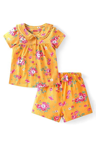 Babyhug Single Jersey Cotton Knit Half Sleeves Night Suit/Co-ord Set Floral Print - Orange