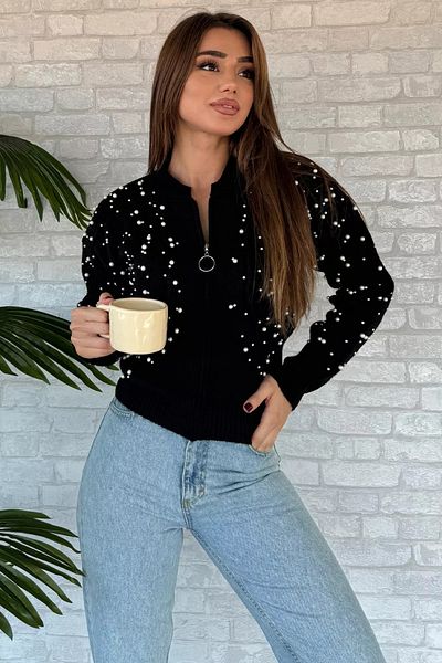GÜLSELİ Black Modern Design Pearl Printed Zippered Women's Jacket Cardigan