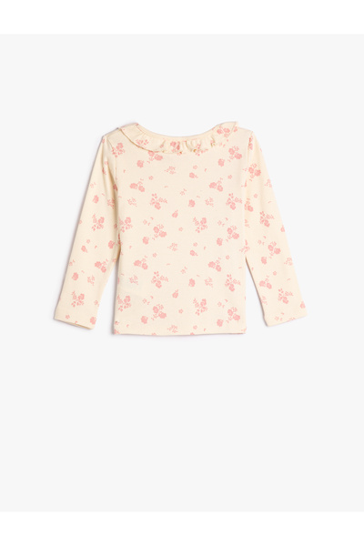 Koton Květinové tričko s kulatým výstřihem volán s dlouhým rukávem bavlněná košilka