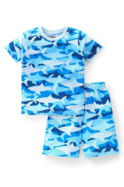 Babyhug Cotton Knit Half Sleeves Sharks Printed Night Suit/Co-ord Set - Blue