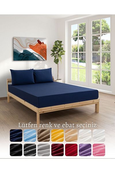 MODELHOME Navy Blue Colored Fitted Sheet Set (Cotton Duvet Cover Fabric, Pillow Case) 7 Different Sizes