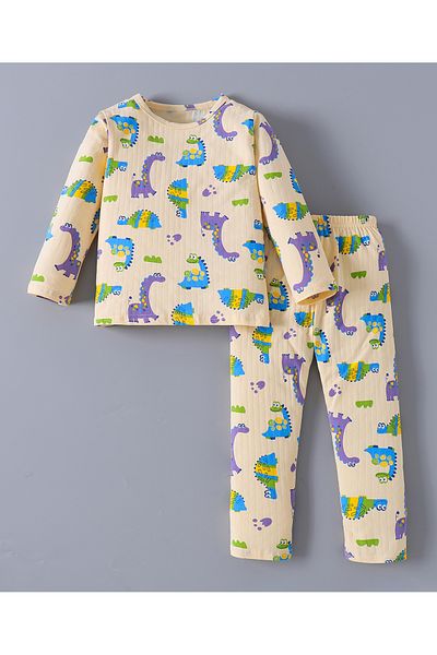 Babyhug SAPS Cotton Blend Dino All Over Printed Full Sleeves Pyjama/Co-ord Set - Beige