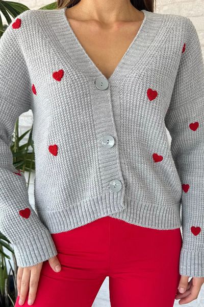 GÜLSELİ Heart Embroidered Gray Knitwear Cardigan