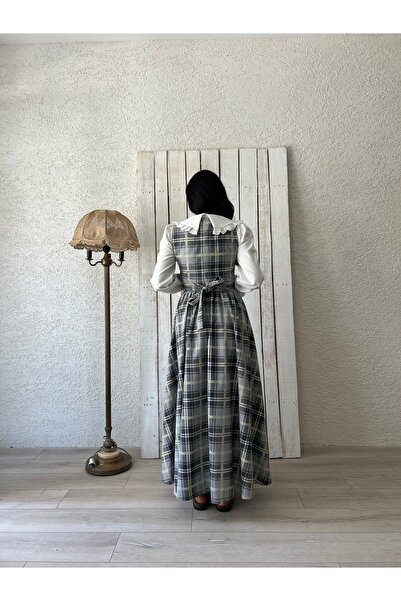 KÜÇÜĞÜM BUTİK Μακρύ γκρι-ανθρακί καρό φόρεμα Gilet