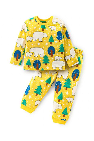 Babyhug Cotton Knit Full Sleeves Night Suit With Polar Bears Print - Yellow