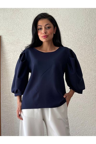 KÜÇÜĞÜM BUTİK Μπαλόνι μανίκι Navy Blue Crepe Μπλούζα - Crew Neck