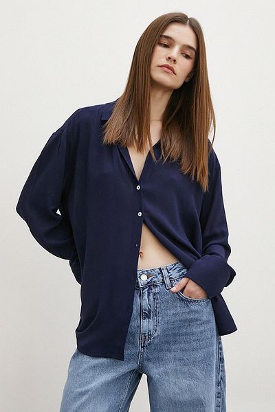 Never more Navy Blue Viscose Basic Shirt